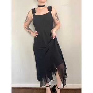 Vtg 90s Whimsygoth Cocktail Dress Fairycore Goth Black Roses Beading Size M